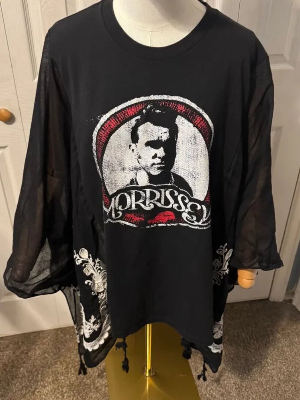 Morrissey Upcycled Graphic T-shirt with Flowy Cotton Embroidered Sleeves - OSFM